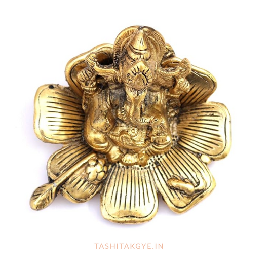 Oxidised Metal Leaf Lord Ganesh Gold Finish Flower Decoration Pooja Showpiece.