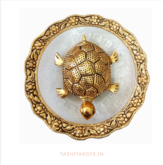 Feng Shui Tortoise On Plate Showpiece - Golden (5.5 Inch Diameter)| Vastu