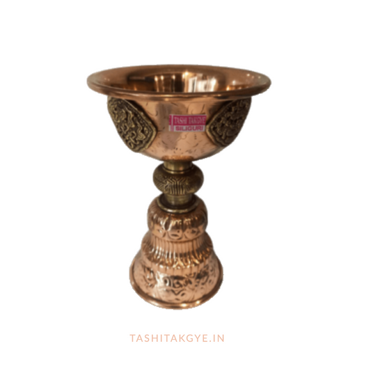 Embossed Copper Butter Lamps with Brass Signs | Tashi Takgye